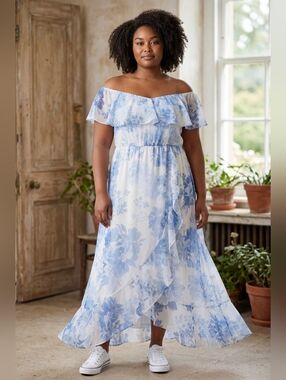 NWT LOVELY GRACE  Size XL Off-Shoulder Blue Floral Ruffle Maxi Dress